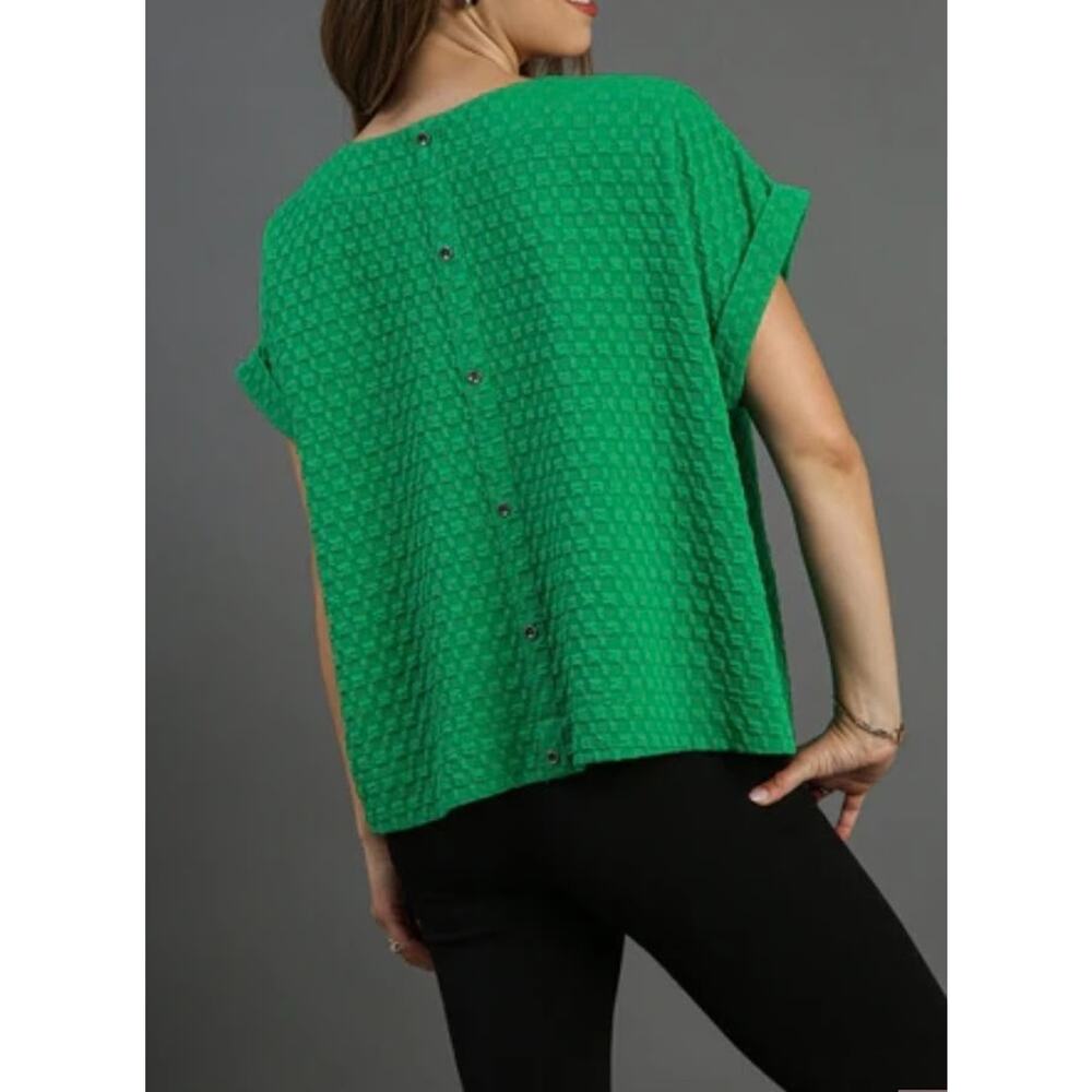 UMGEE Green Textured Jacquard Boxy Cuff Short Sleeve Top Size Large Button Back